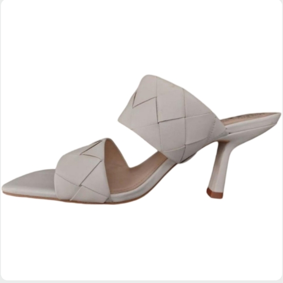 Vince Camuto Woven Leather Heeled Mules | White Wedding Special Occasion Sandals - Picture 4 of 9